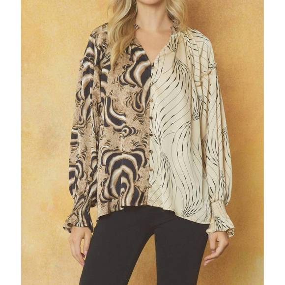 NEW ENTRO contrast print v-neck blouse in mocha and ecru - Picture 1 of 7